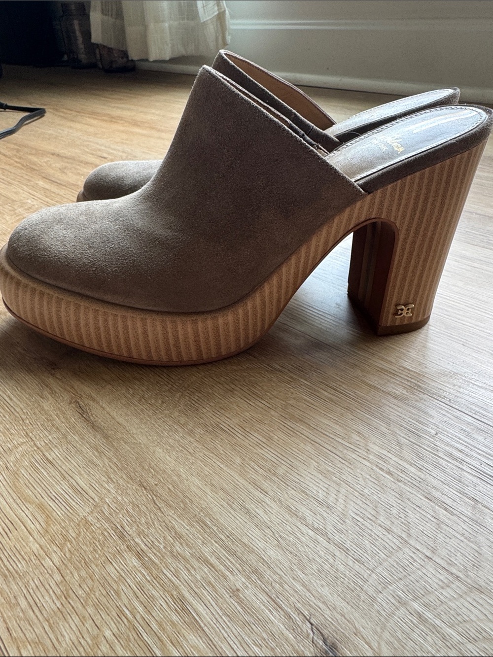 Sam Edelman Taupe Suede Platform Mules with Wood-Look Heel - Picture 5 of 8